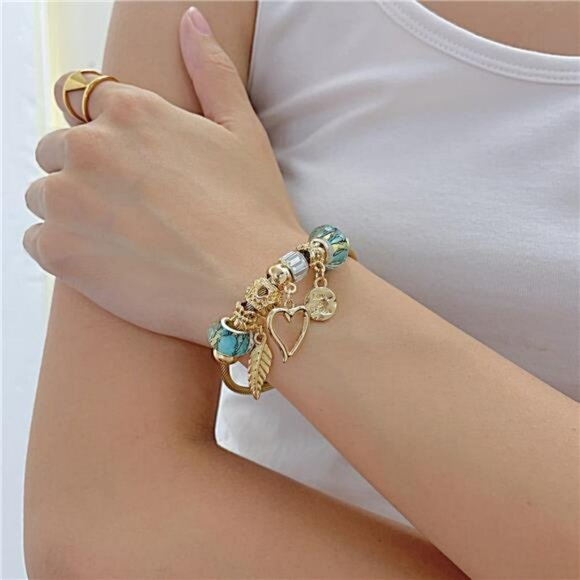 Gold Plated Charm Bracelet Adjustable Stainless Steel Cuff Cubic Zirconia Bangle - Picture 2 of 7